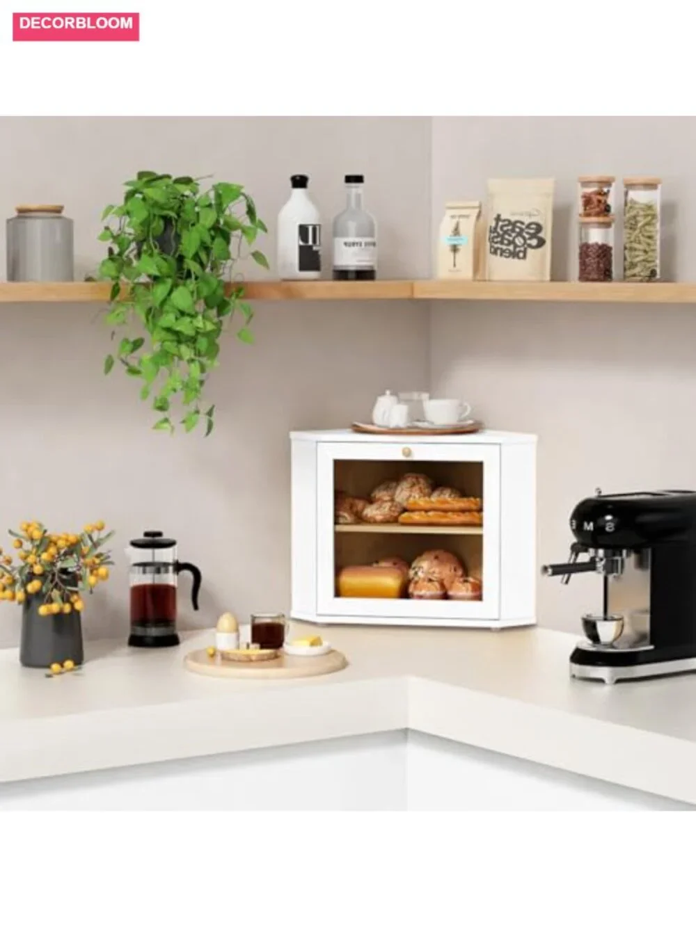 Corner Bread Box Double Layer Bamboo Kitchen Storage with Acrylic Window